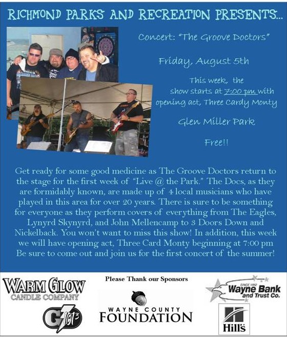 groove doctors, richmond indiana, glenn miller park free concert