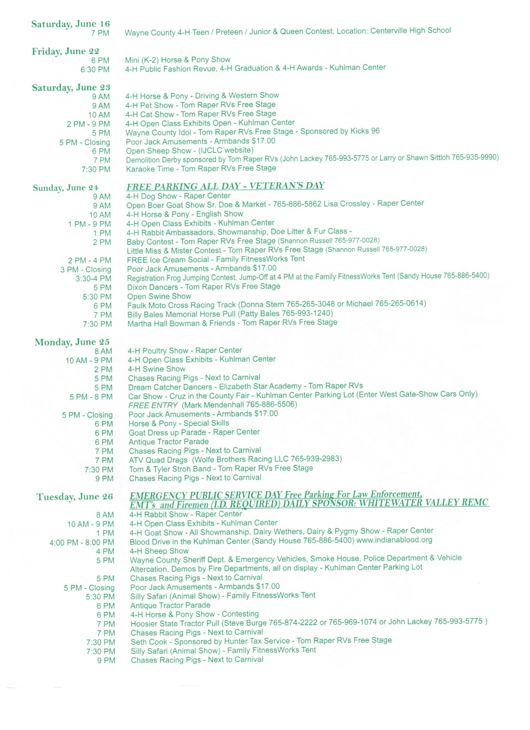 Wayne County 4H Fair 2012 Schedule of Events